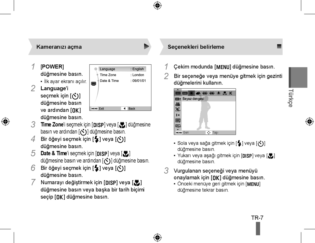 Samsung EC-WB5000BPBRU, EC-WB5000BABFR, EC-WB5000BPBFR manual TR-7, Kameranızı açma, Languagei, Seçenekleri belirleme 