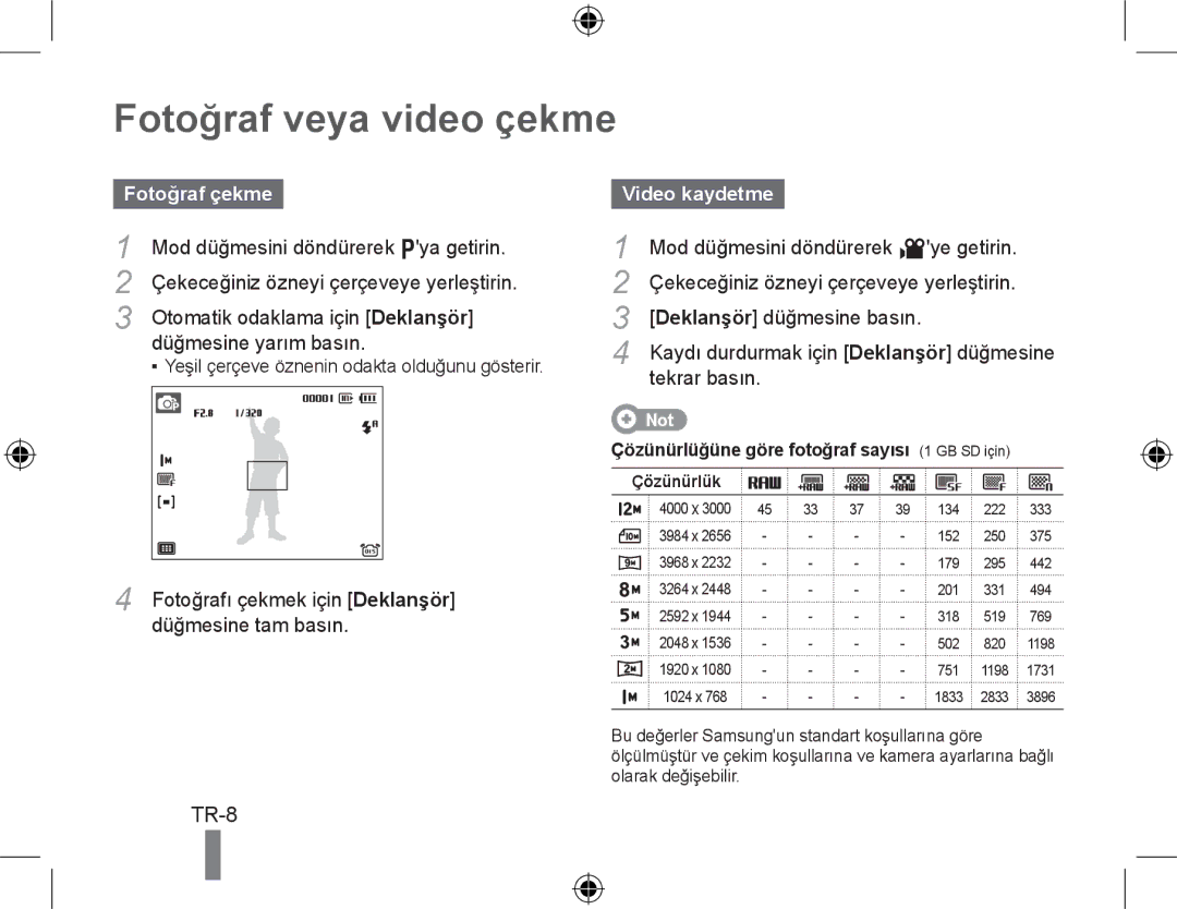 Samsung EC-WB5000BABFR, EC-WB5000BPBFR, EC-WB5000BPBE1 manual Fotoğraf veya video çekme, Fotoğraf çekme, Video kaydetme 