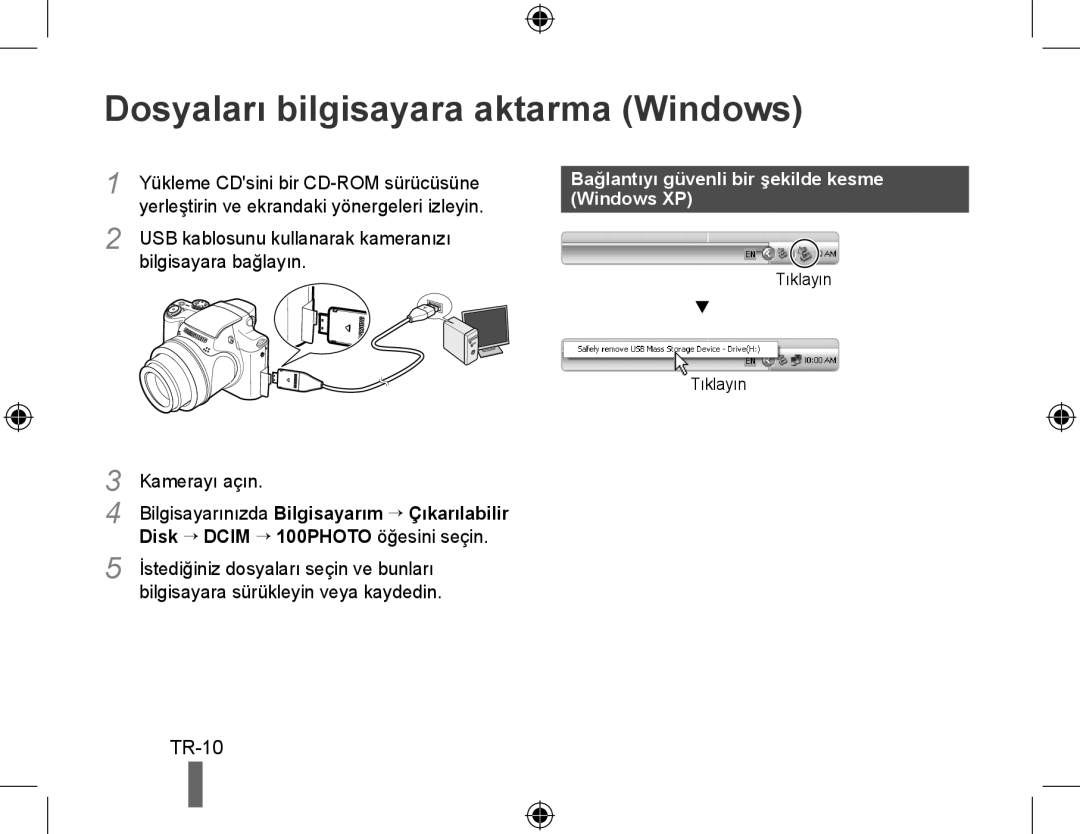 Samsung EC-WB5000BPBE1 manual Dosyaları bilgisayara aktarma Windows, TR-10, Bağlantıyı güvenli bir şekilde kesme Windows XP 