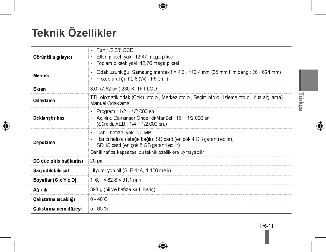 Samsung EC-WB5000BPBIT, EC-WB5000BABFR, EC-WB5000BPBFR, EC-WB5000BPBE1, EC-WB5000BPBVN manual Teknik Özellikler, TR-11 