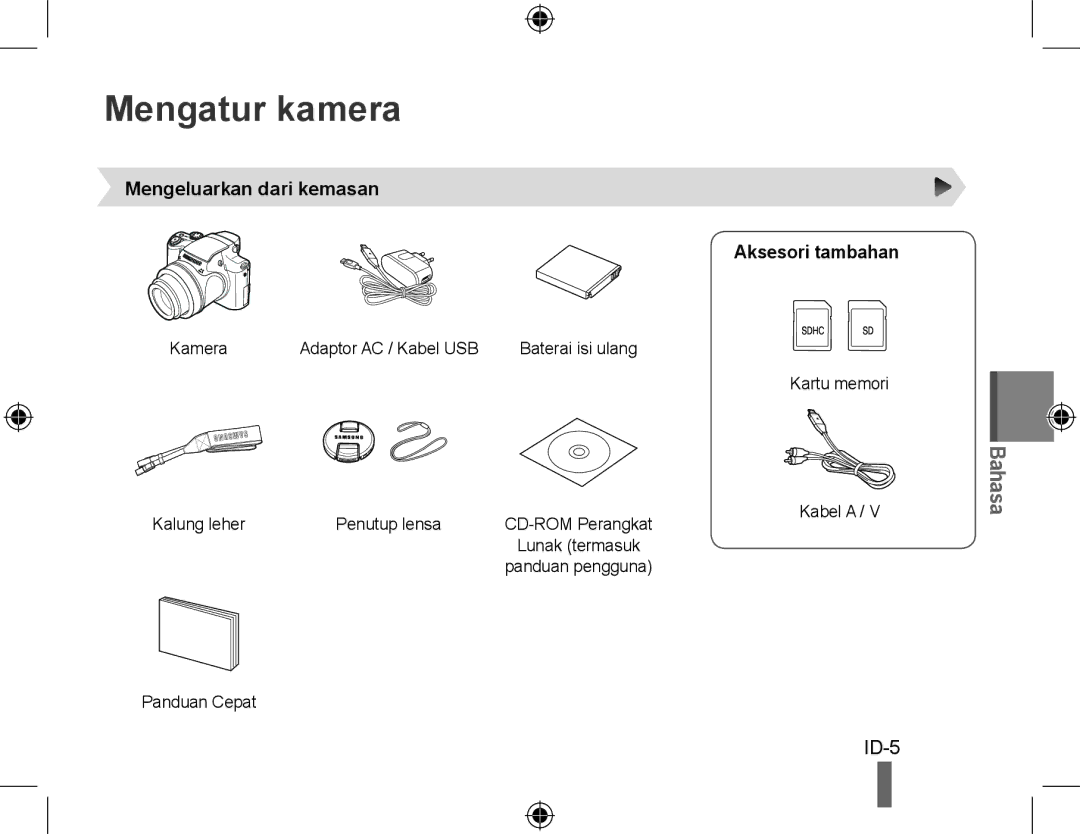 Samsung EC-WB5000BPBIT, EC-WB5000BABFR, EC-WB5000BPBFR manual Mengatur kamera, Mengeluarkan dari kemasan Aksesori tambahan 