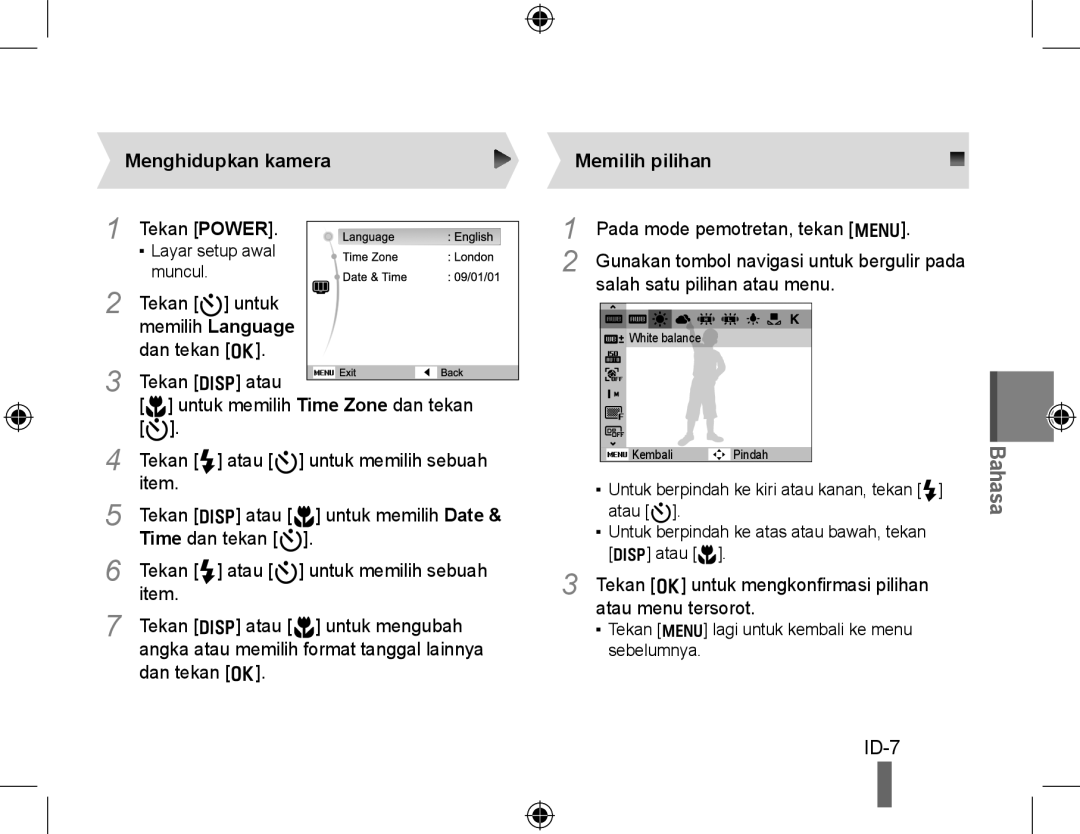 Samsung EC-WB5000BPBE2, EC-WB5000BABFR, EC-WB5000BPBFR, EC-WB5000BPBE1 manual ID-7, Menghidupkan kamera, Memilih pilihan 