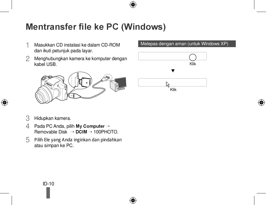 Samsung EC-WB5000BPBFR, EC-WB5000BABFR manual Mentransfer file ke PC Windows, ID-10, Melepas dengan aman untuk Windows XP 