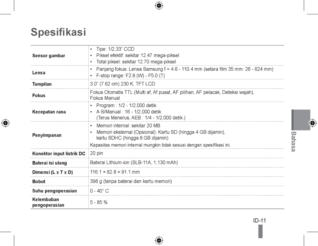 Samsung EC-WB5000BPBE1, EC-WB5000BABFR Spesifikasi, ID-11, Sensor gambar, Lensa, Tampilan Fokus Kecepatan rana Penyimpanan 