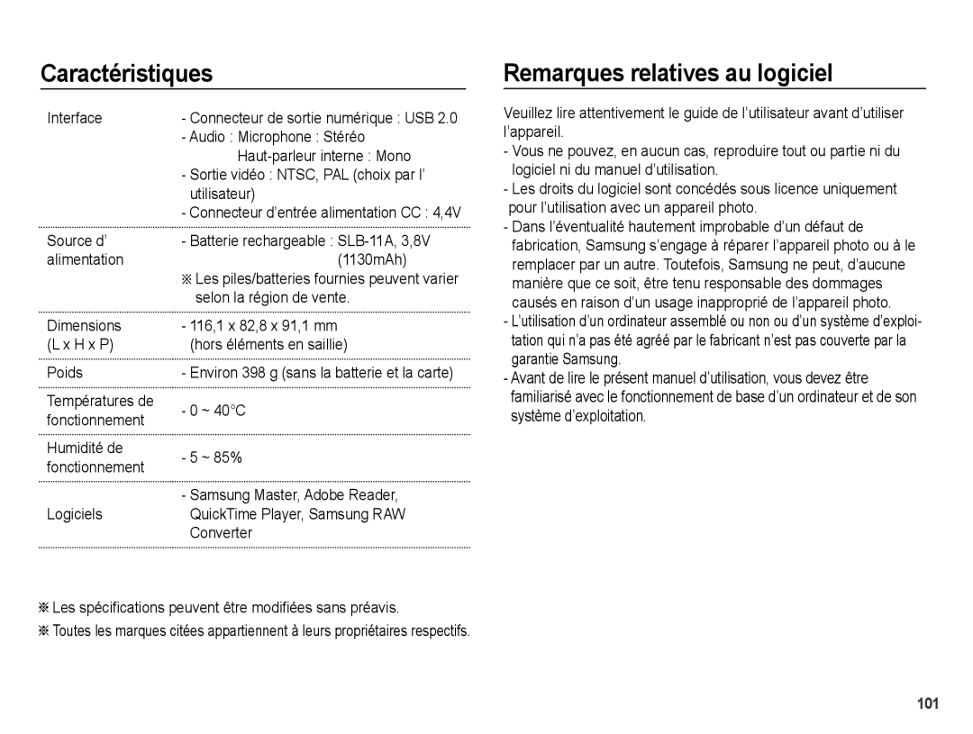 Samsung EC-WB5000BABFR, EC-WB5000BPBFR, EC-WB5000BPBE1 Caractéristiques Remarques relatives au logiciel, Interface, Poids 