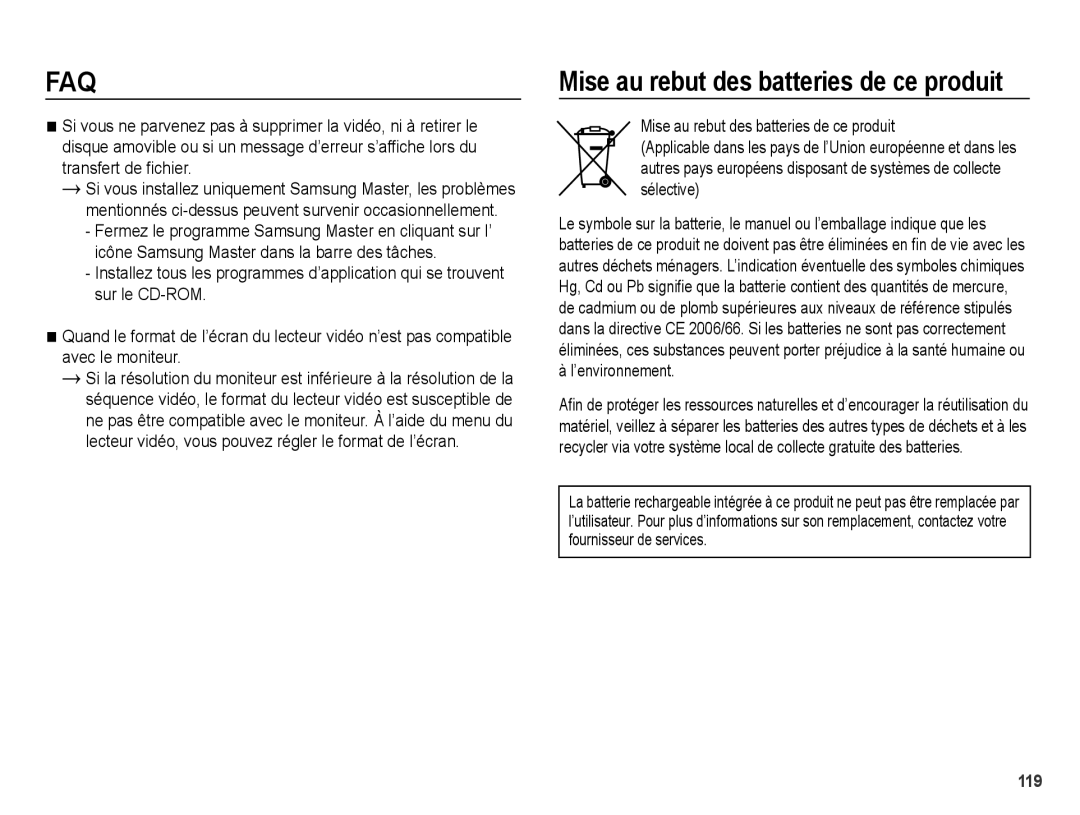 Samsung EC-WB5000BABFR, EC-WB5000BPBFR, EC-WB5000BPBE1 manual Mise au rebut des batteries de ce produit 