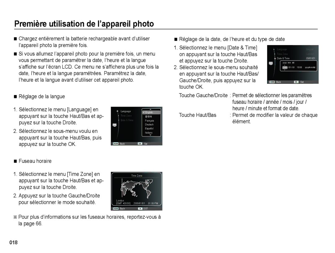 Samsung EC-WB5000BPBFR, EC-WB5000BABFR manual Première utilisation de l’appareil photo, Réglage de la langue, Fuseau horaire 