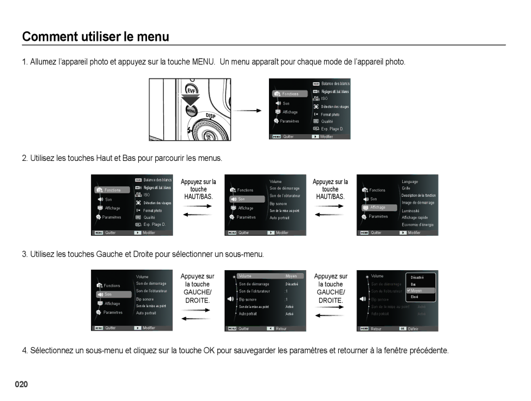 Samsung EC-WB5000BABFR, EC-WB5000BPBFR Comment utiliser le menu, Utilisez les touches Haut et Bas pour parcourir les menus 