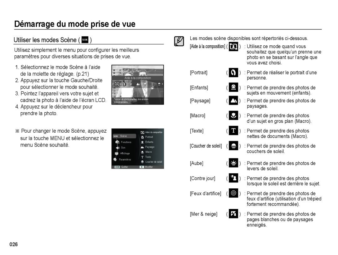 Samsung EC-WB5000BABFR, EC-WB5000BPBFR, EC-WB5000BPBE1 manual Utiliser les modes Scène 