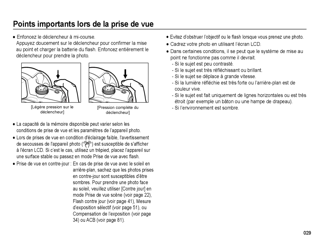 Samsung EC-WB5000BABFR, EC-WB5000BPBFR manual Points importants lors de la prise de vue, Enfoncez le déclencheur à mi-course 