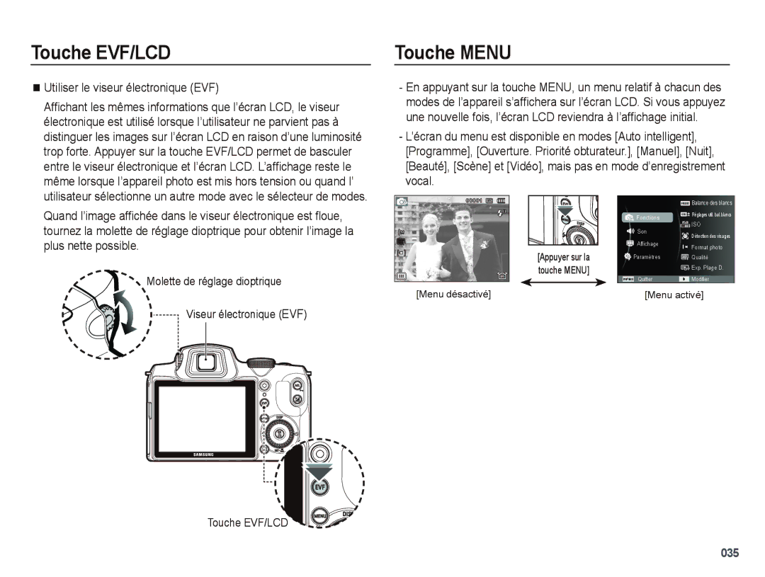 Samsung EC-WB5000BABFR, EC-WB5000BPBFR, EC-WB5000BPBE1 Touche EVF/LCD, Touche Menu, Utiliser le viseur électronique EVF 