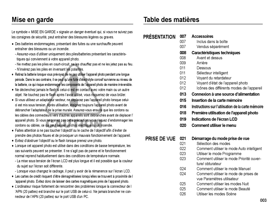 Samsung EC-WB5000BPBFR manual Mise en garde, Table des matières, ’insérez pas les piles en inversant les polarités 