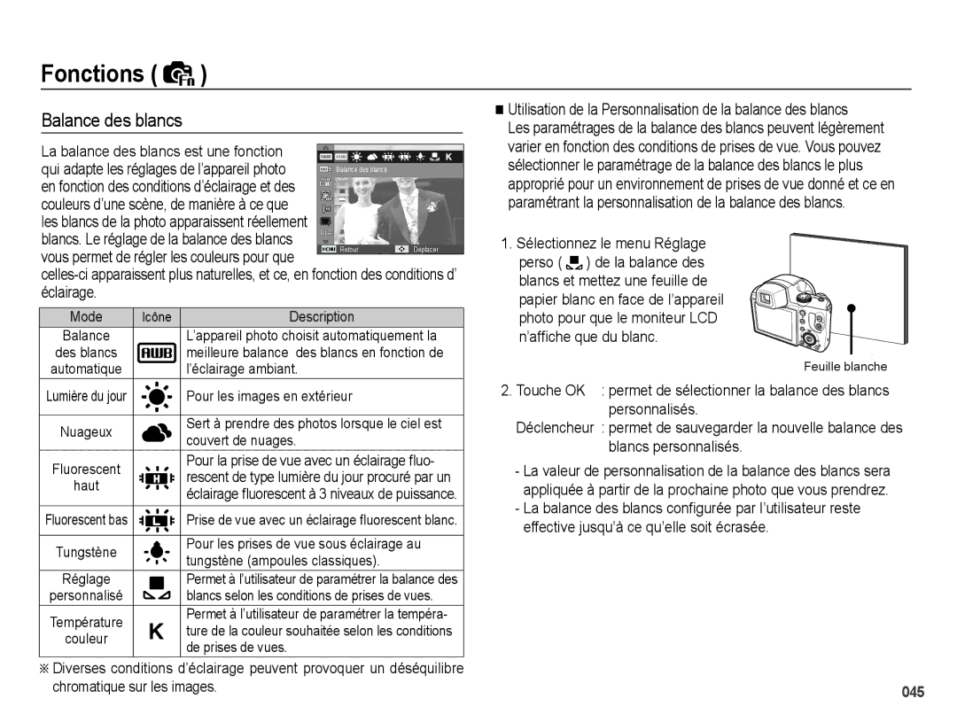 Samsung EC-WB5000BPBFR, EC-WB5000BABFR, EC-WB5000BPBE1 manual Balance des blancs, La balance des blancs est une fonction 