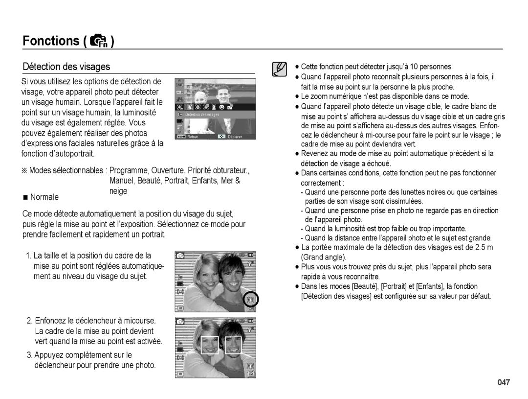 Samsung EC-WB5000BABFR, EC-WB5000BPBFR, EC-WB5000BPBE1 manual Détection des visages, Normale Neige 