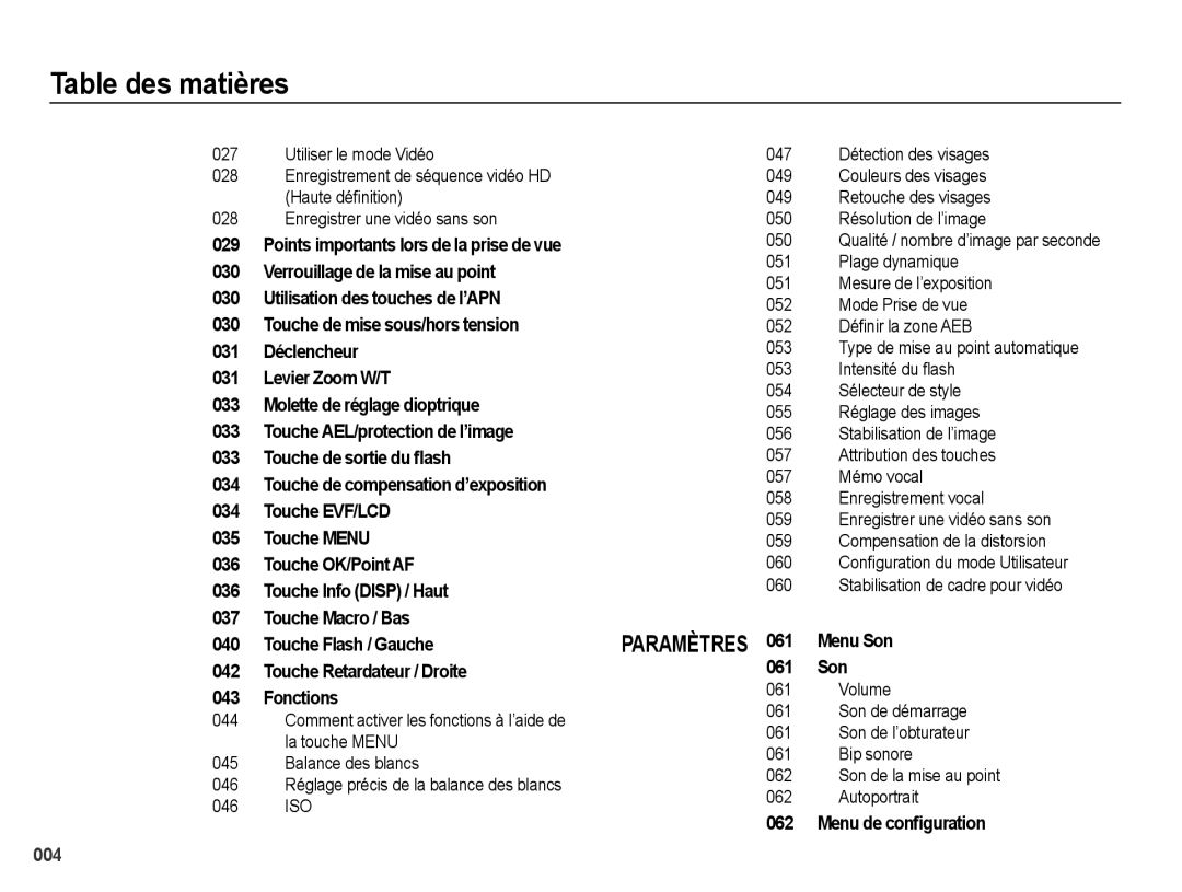 Samsung EC-WB5000BPBE1 Utiliser le mode Vidéo 047 Détection des visages, Plage dynamique Mesure de l’exposition, 053, 060 