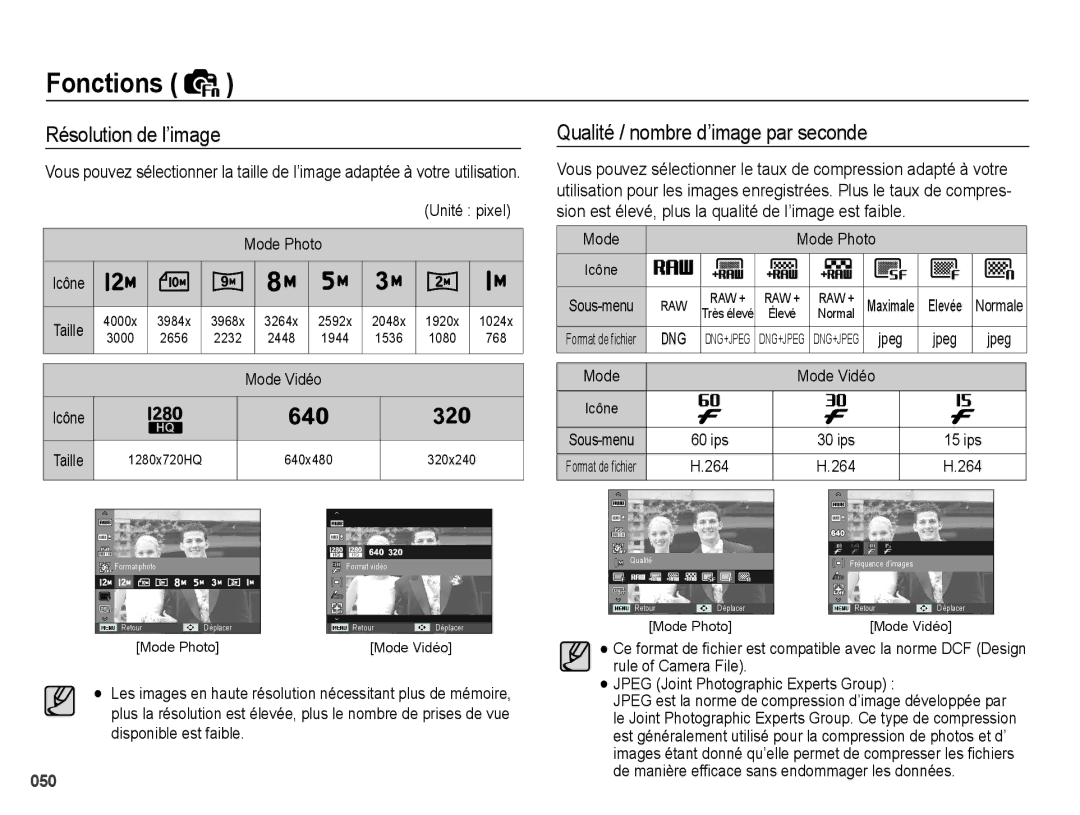 Samsung EC-WB5000BABFR, EC-WB5000BPBFR, EC-WB5000BPBE1 manual Résolution de l’image, Qualité / nombre d’image par seconde 