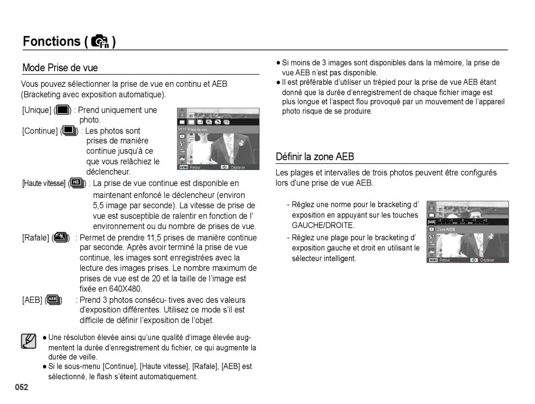 Samsung EC-WB5000BPBE1, EC-WB5000BABFR, EC-WB5000BPBFR manual Mode Prise de vue, Dé¿nir la zone AEB 