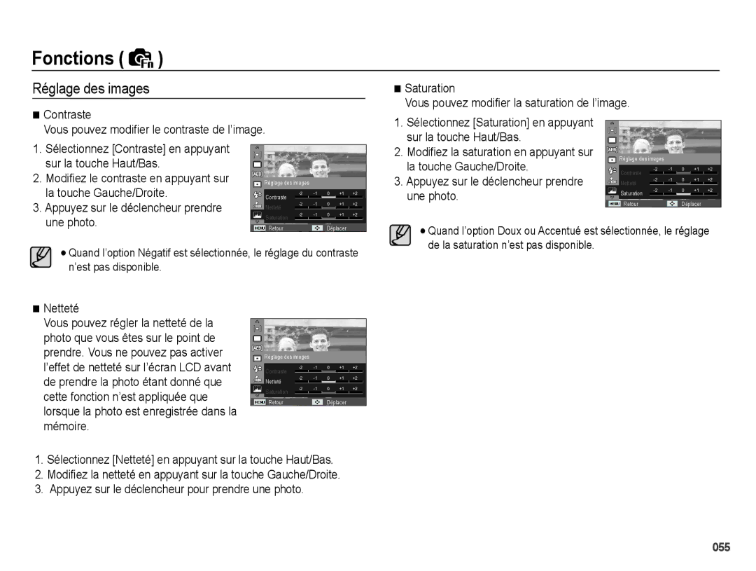 Samsung EC-WB5000BPBE1 manual Réglage des images, Sur la touche Haut/Bas, La touche Gauche/Droite, Une photo, Netteté 