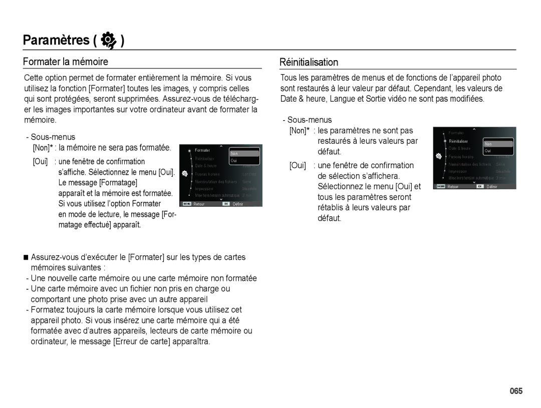 Samsung EC-WB5000BABFR, EC-WB5000BPBFR, EC-WB5000BPBE1 manual Paramètres, Formater la mémoire, Réinitialisation 