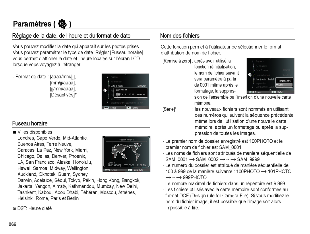 Samsung EC-WB5000BPBFR manual Réglage de la date, de l’heure et du format de date, Fuseau horaire, Nom des ¿chiers 