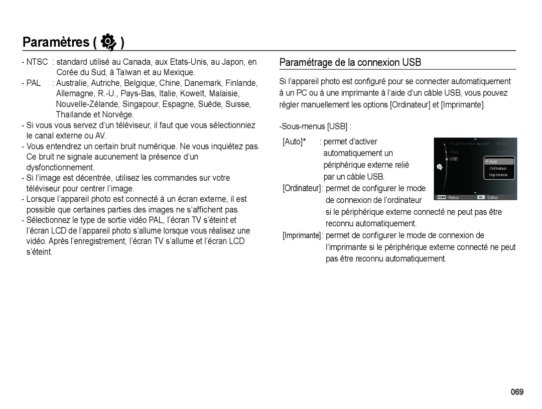 Samsung EC-WB5000BPBFR manual Paramétrage de la connexion USB, Sous-menus USB Auto Permet d’activer, Automatiquement un 