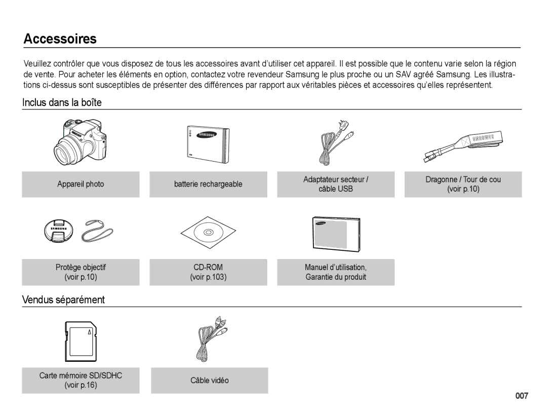 Samsung EC-WB5000BPBE1 manual Accessoires, Inclus dans la boîte, Vendus séparément, Appareil photo Batterie rechargeable 