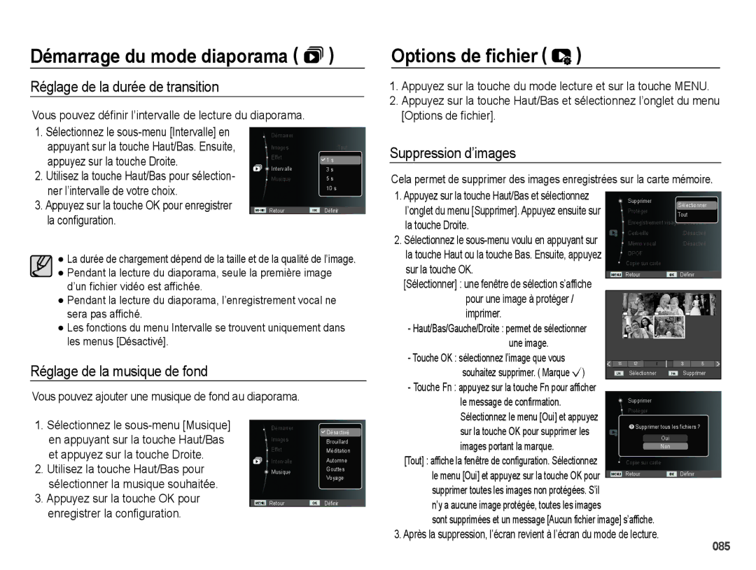 Samsung EC-WB5000BPBE1, EC-WB5000BABFR manual Options de ﬁchier, Réglage de la durée de transition, Suppression d’images 