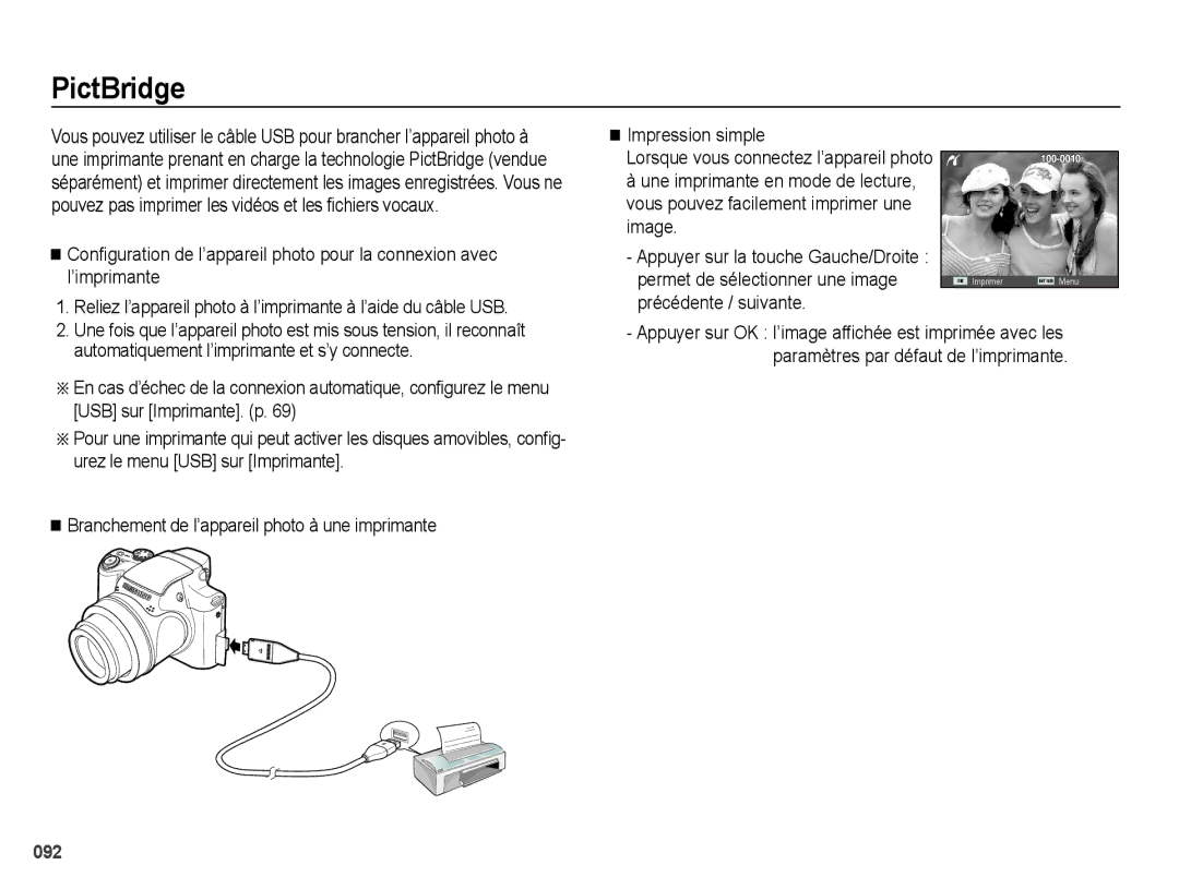 Samsung EC-WB5000BABFR, EC-WB5000BPBFR manual PictBridge, Impression simple, Automatiquement l’imprimante et s’y connecte 