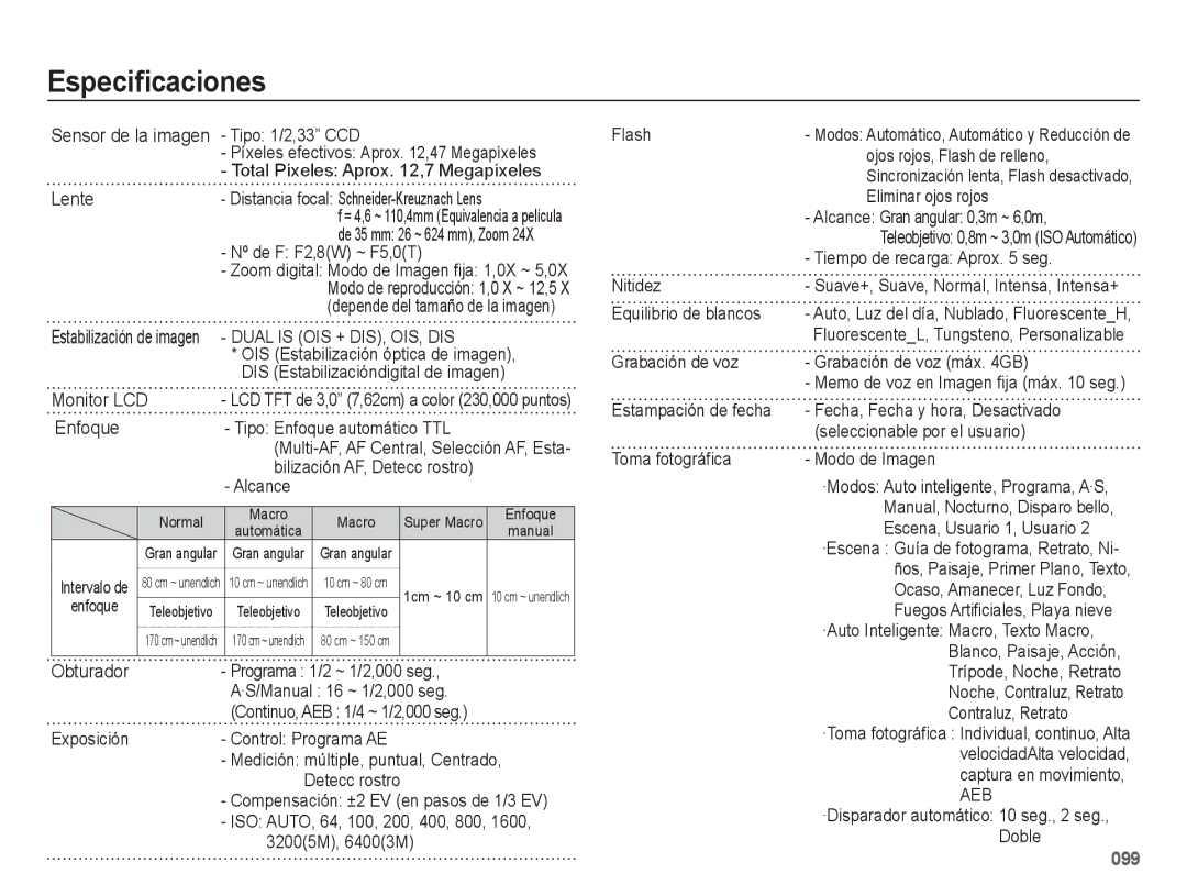 Samsung EC-WB5000BPBE1, EC-WB5000APB Especiﬁcaciones, Sensor de la imagen Tipo 1/2,33 CCD, Lente, Monitor LCD, Enfoque 