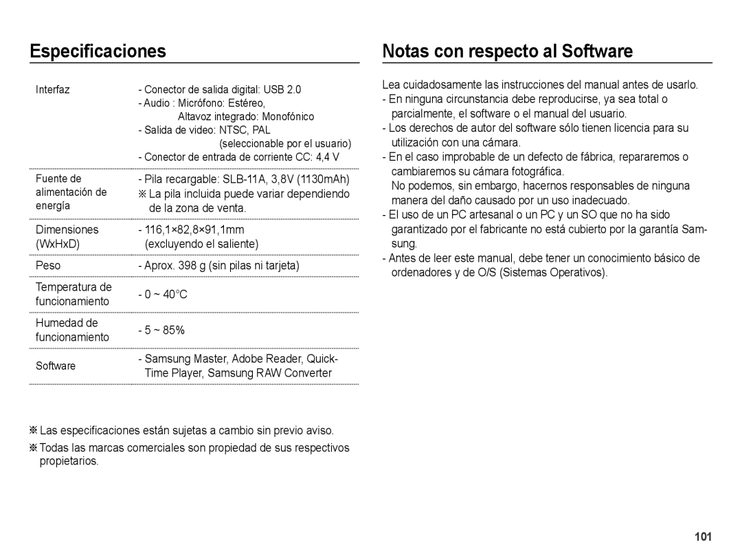 Samsung EC-WB5000BPBE1, EC-WB5000APB manual Especificaciones Notas con respecto al Software, Peso, De la zona de venta 