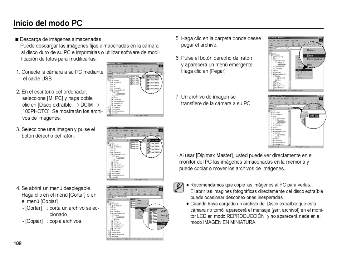 Samsung EC-WB5000APB Descarga de imágenes almacenadas, Conecte la cámara a su PC mediante El cable USB, Cortar, Cionado 