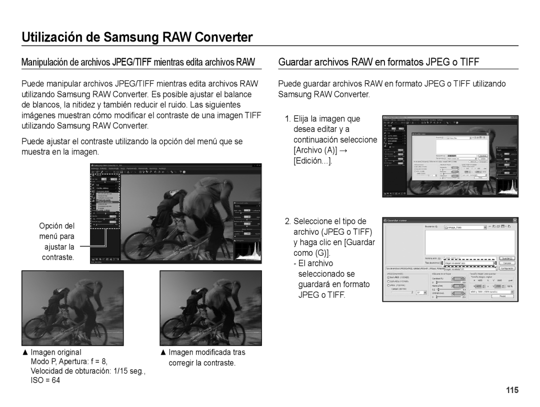 Samsung EC-WB5000BPBE1, EC-WB5000APB manual Guardar archivos RAW en formatos Jpeg o Tiff 