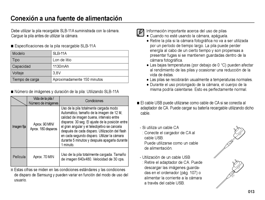 Samsung EC-WB5000BPBE1 manual Conexión a una fuente de alimentación, Especiﬁcaciones de la pila recargable SLB-11A, Modelo 