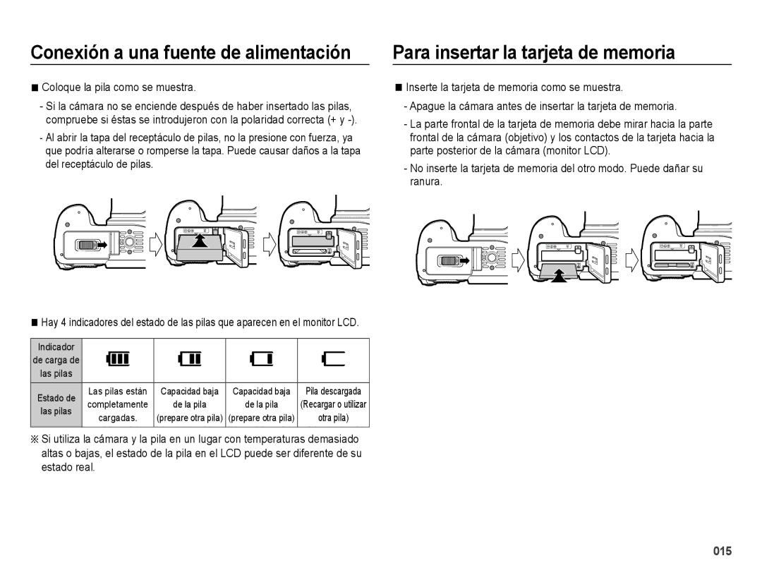 Samsung EC-WB5000BPBE1, EC-WB5000APB manual Para insertar la tarjeta de memoria, Coloque la pila como se muestra 