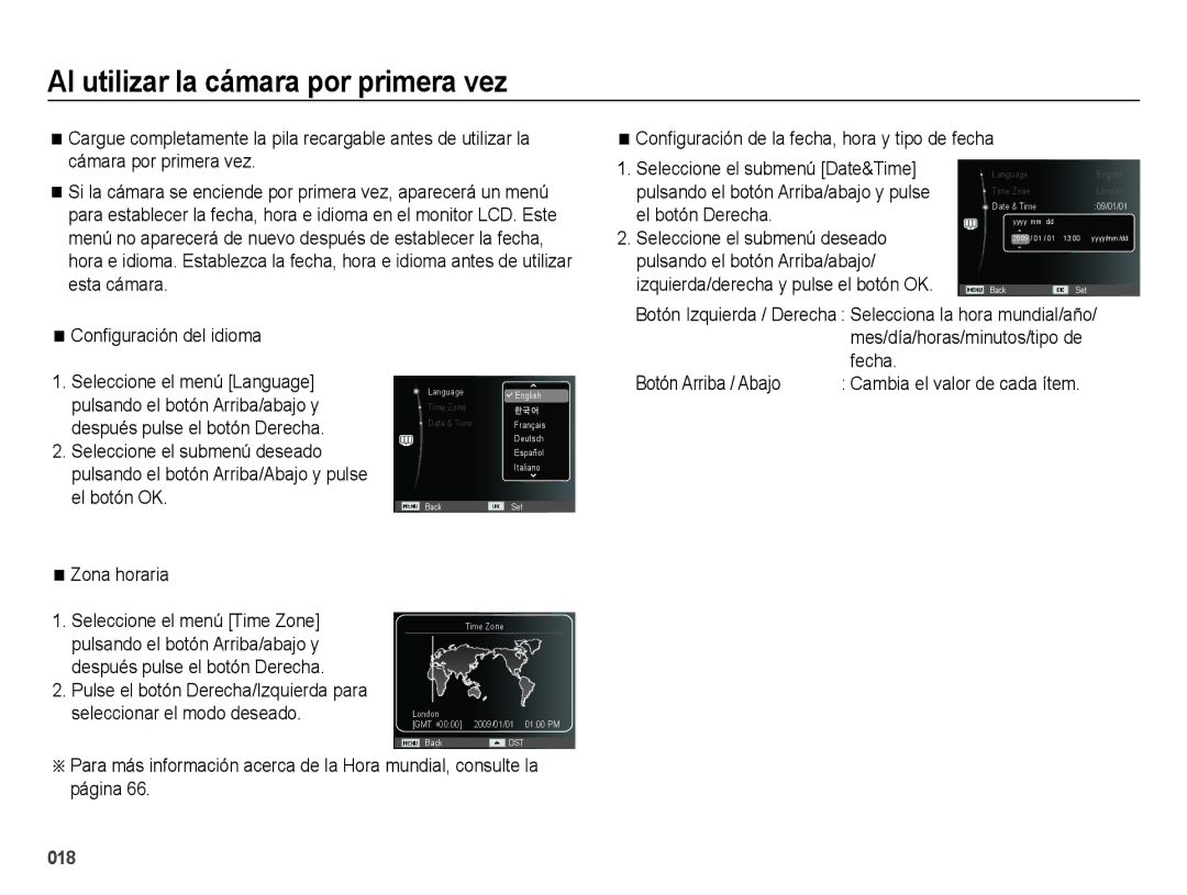 Samsung EC-WB5000APB manual Al utilizar la cámara por primera vez, Conﬁguración del idioma, Fecha, Botón Arriba / Abajo 