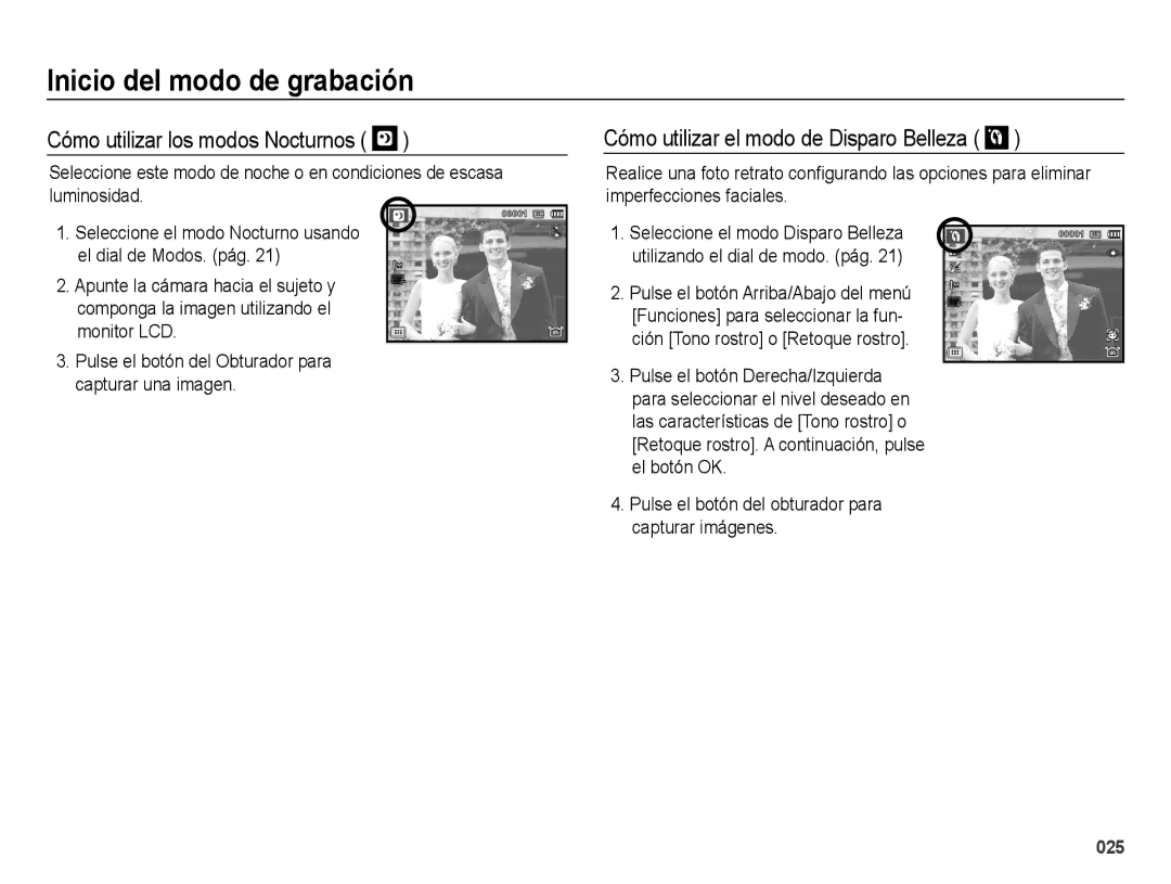 Samsung EC-WB5000BPBE1, EC-WB5000APB manual Cómo utilizar los modos Nocturnos, Cómo utilizar el modo de Disparo Belleza 