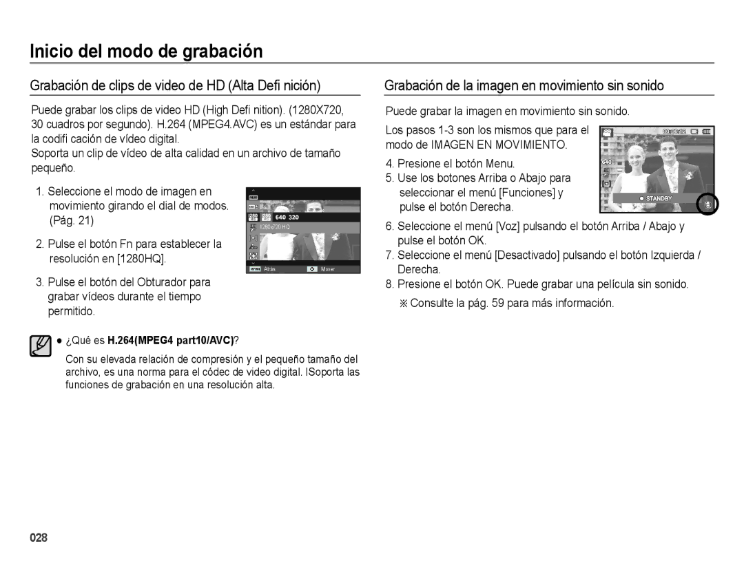 Samsung EC-WB5000APB Grabación de clips de video de HD Alta Deﬁ nición, Grabación de la imagen en movimiento sin sonido 