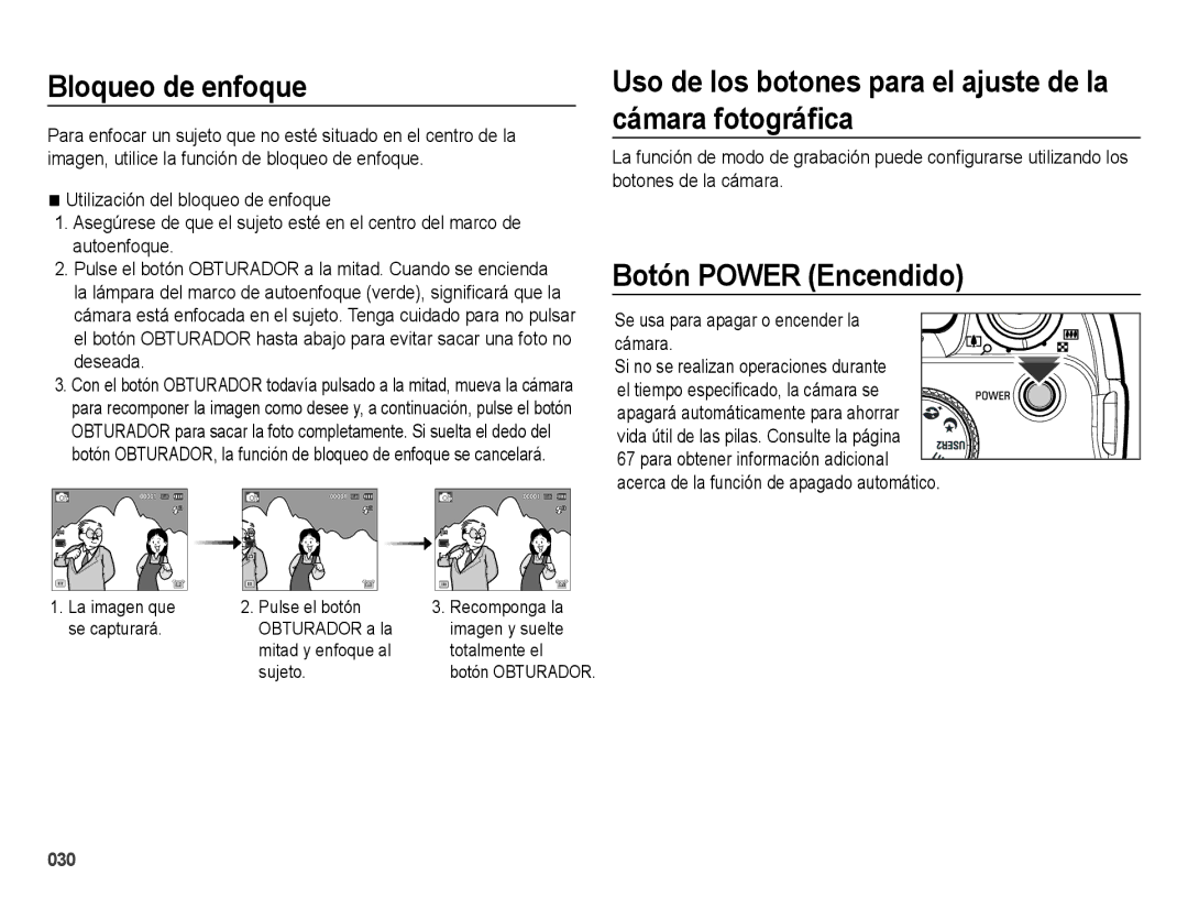 Samsung EC-WB5000APB Bloqueo de enfoque, Uso de los botones para el ajuste de la cámara fotográﬁca, Botón Power Encendido 