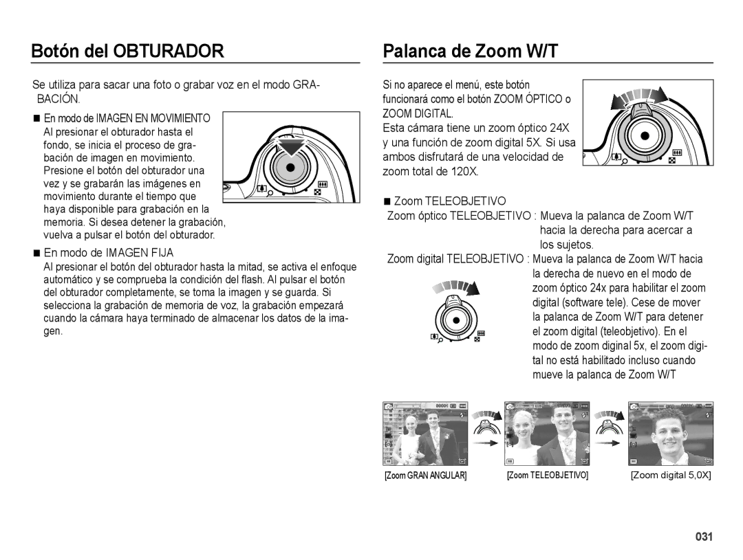 Samsung EC-WB5000BPBE1, EC-WB5000APB manual Botón del Obturador, Palanca de Zoom W/T 