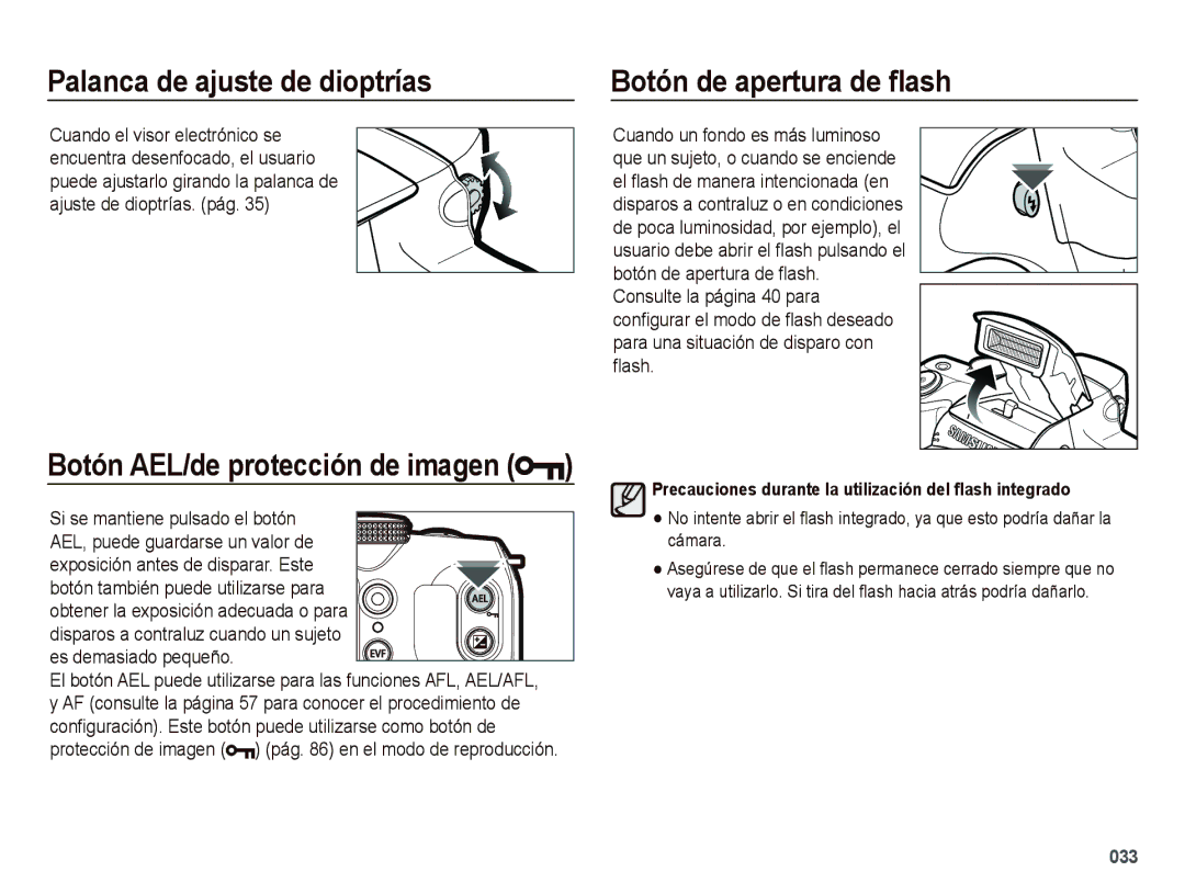 Samsung EC-WB5000BPBE1 manual Palanca de ajuste de dioptrías, Botón de apertura de ﬂash, Si se mantiene pulsado el botón 