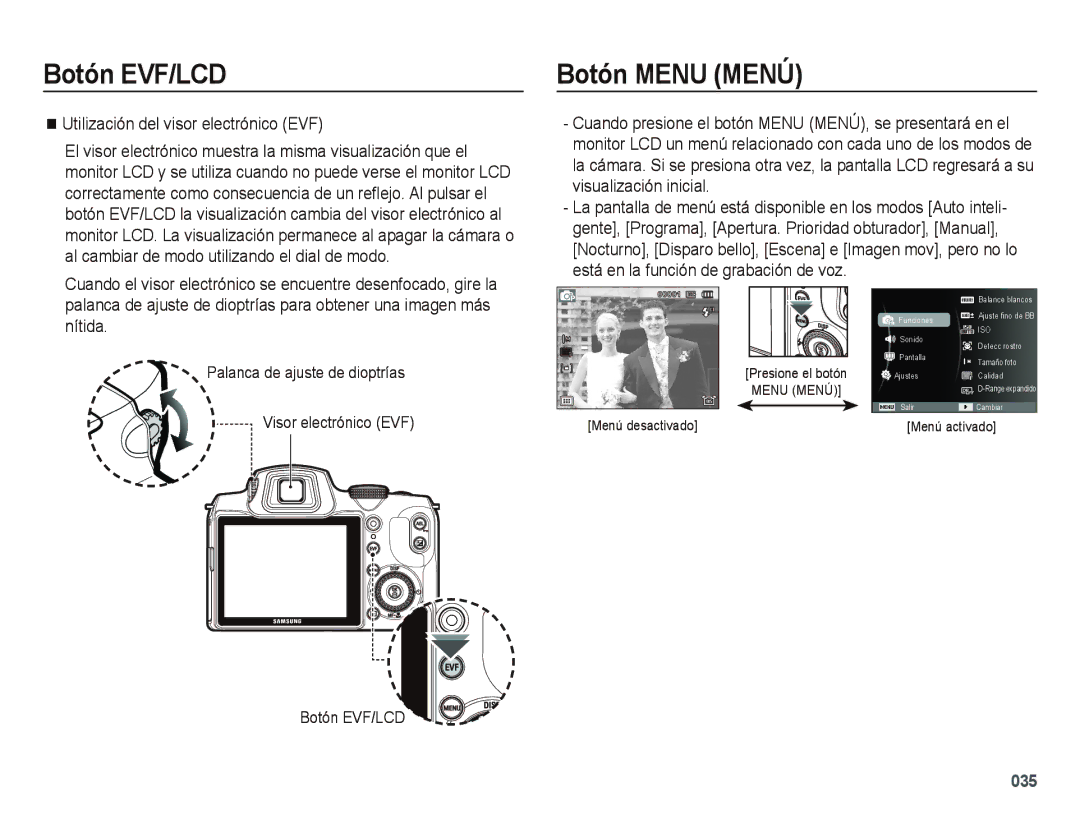 Samsung EC-WB5000BPBE1, EC-WB5000APB manual Botón Menu Menú, Utilización del visor electrónico EVF 