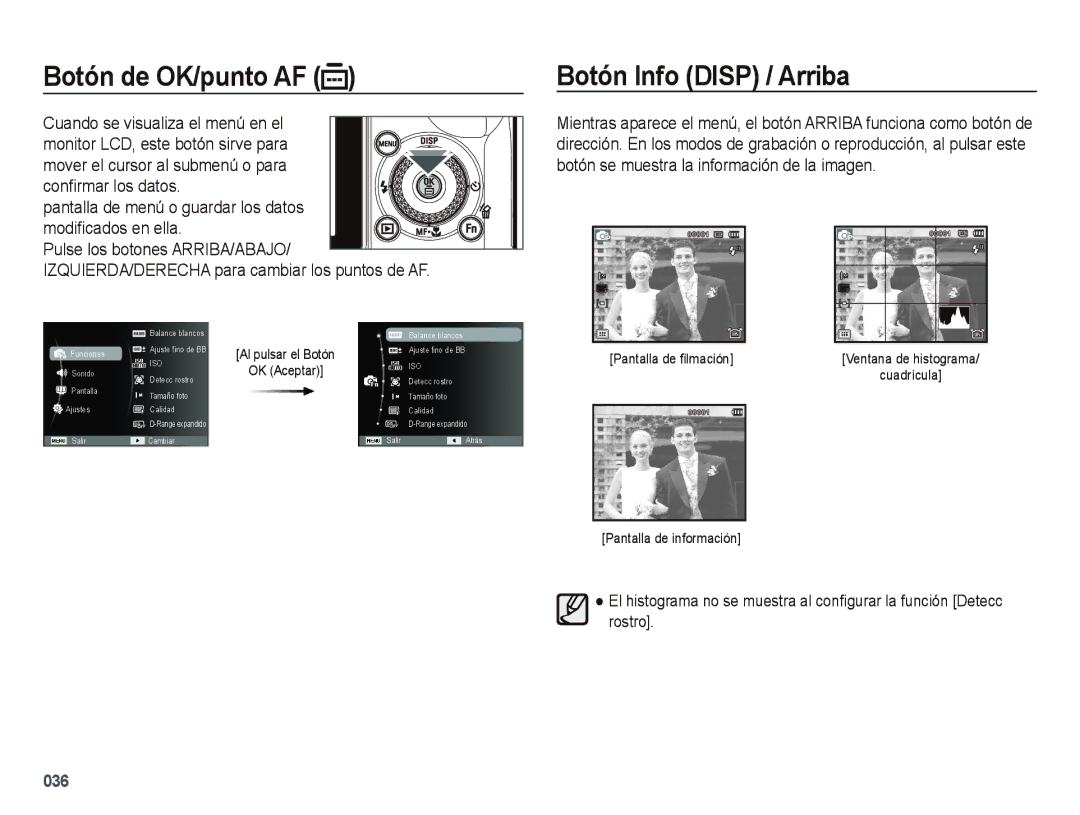 Samsung EC-WB5000APB, EC-WB5000BPBE1 manual Botón de OK/punto AF, Botón Info Disp / Arriba 