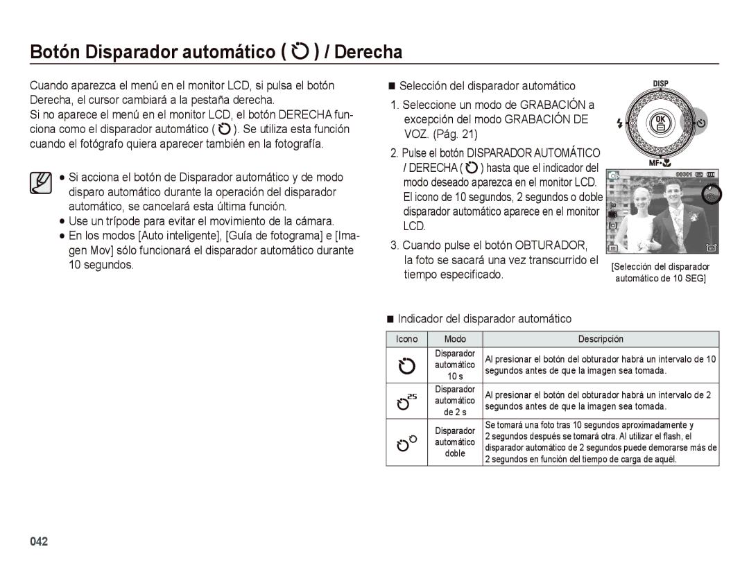 Samsung EC-WB5000APB manual Botón Disparador automático / Derecha, Tiempo especiﬁcado, Indicador del disparador automático 