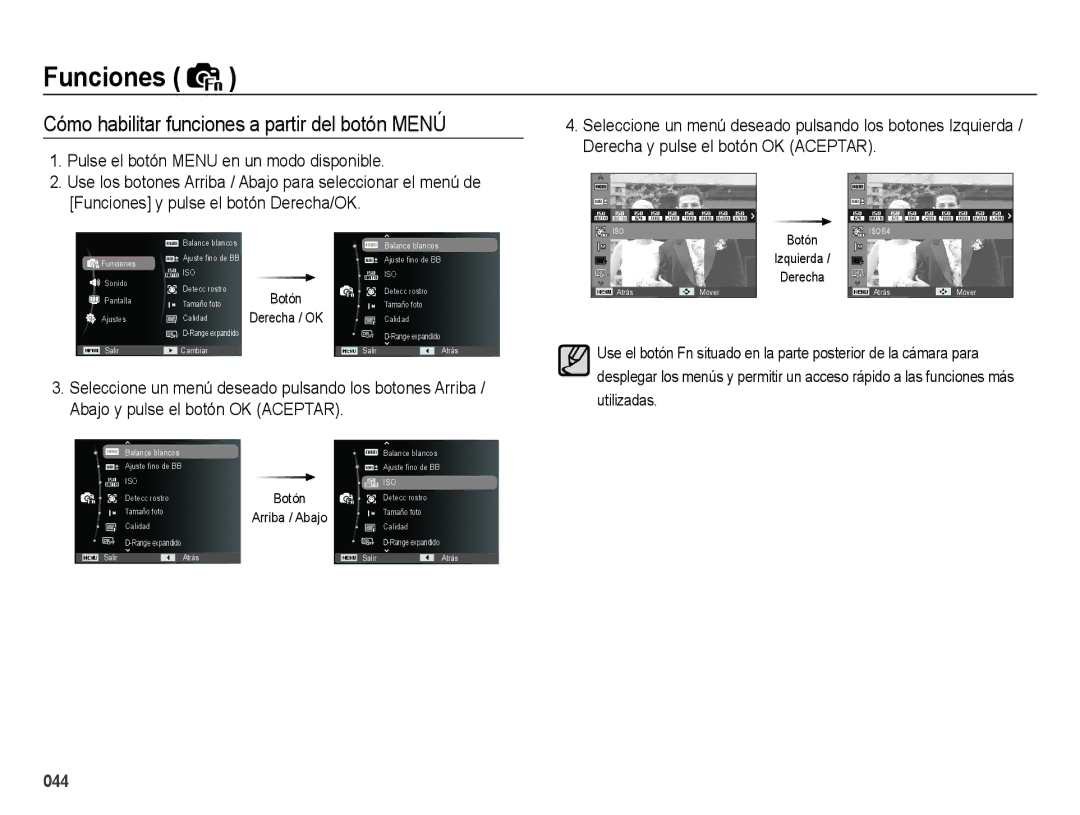 Samsung EC-WB5000APB manual Cómo habilitar funciones a partir del botón Menú, Pulse el botón Menu en un modo disponible 