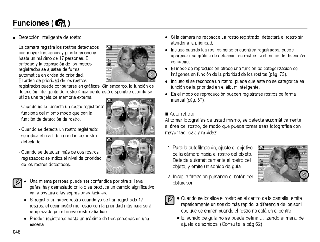 Samsung EC-WB5000APB Detección inteligente de rostro, Autorretrato, Inicie la ﬁlmación pulsando el botón del obturador 