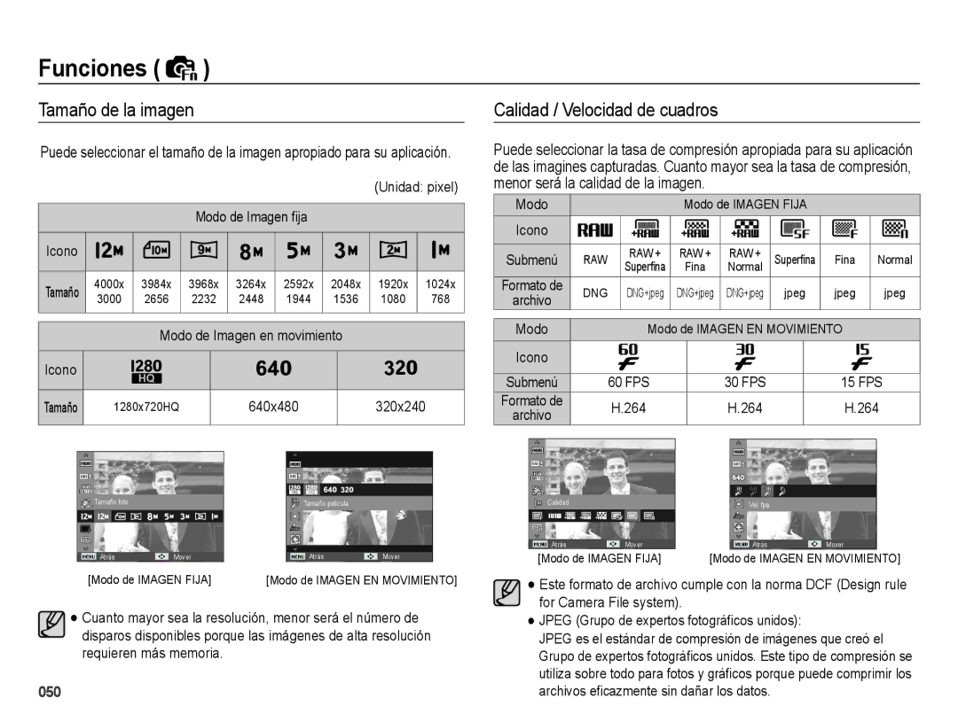 Samsung EC-WB5000APB, EC-WB5000BPBE1 manual Tamaño de la imagen, Calidad / Velocidad de cuadros 