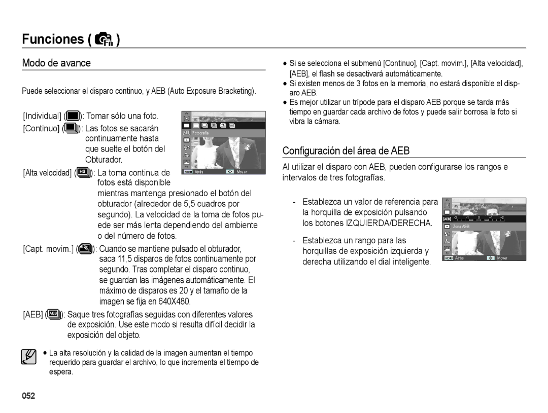 Samsung EC-WB5000APB, EC-WB5000BPBE1 manual Modo de avance, Conﬁguración del área de AEB 