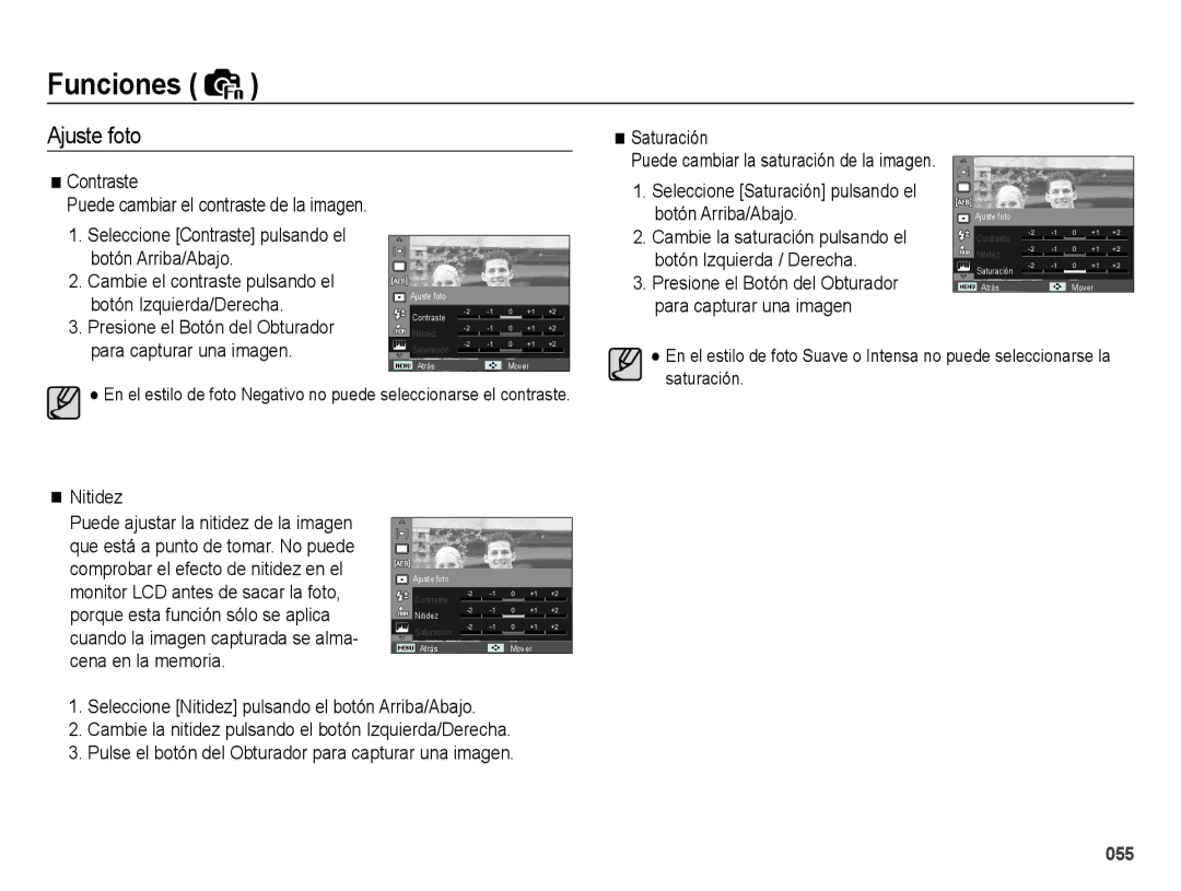 Samsung EC-WB5000BPBE1, EC-WB5000APB manual Ajuste foto, Botón Arriba/Abajo, Botón Izquierda/Derecha, Nitidez 