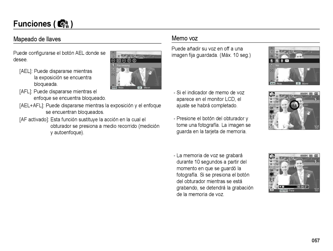 Samsung EC-WB5000BPBE1, EC-WB5000APB manual Mapeado de llaves Memo voz, Puede conﬁgurarse el botón AEL donde se desee 