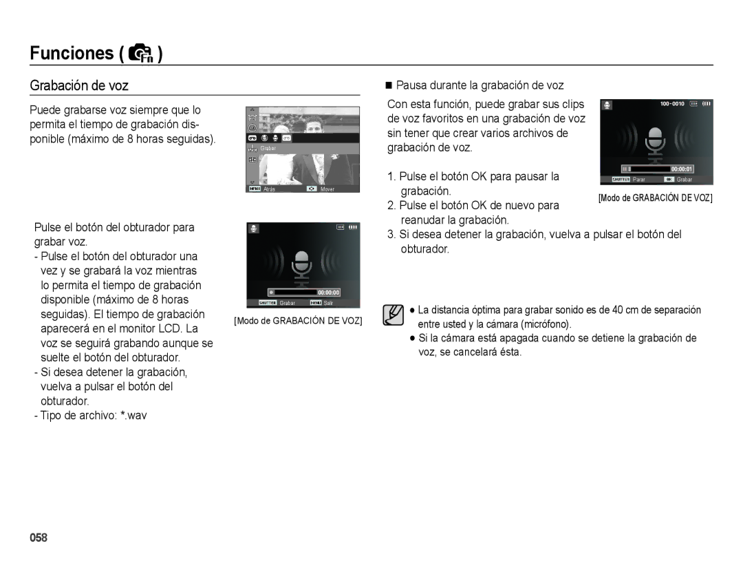 Samsung EC-WB5000APB, EC-WB5000BPBE1 Grabación de voz, Pausa durante la grabación de voz, Pulse el botón OK para pausar la 